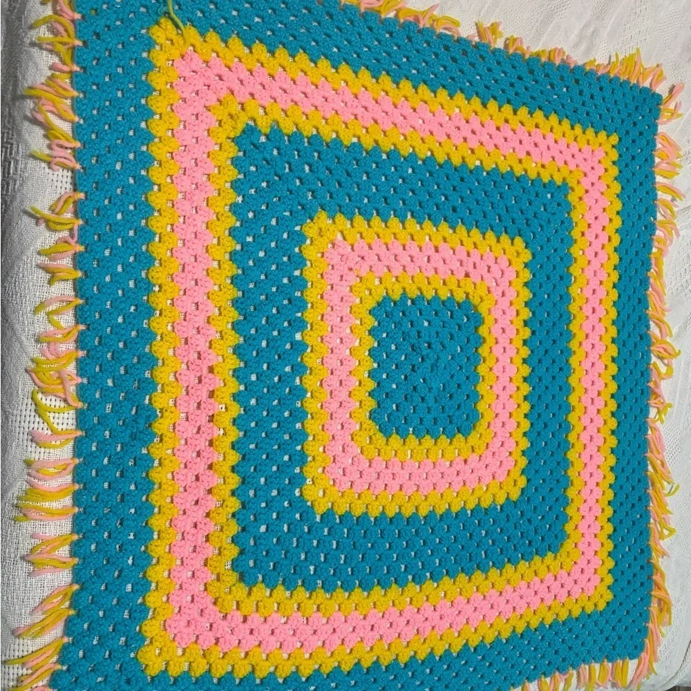 Afghan Crochet Baby Lap Blanket Throw Teal, Pink & Yellow 34 X 34